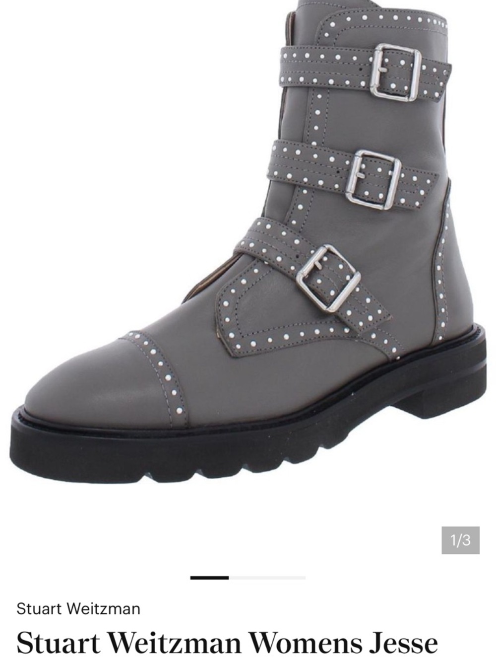Stuart Weitzman Gray Studded Triple-Buckle Combat Boot